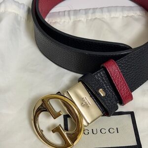 Gucci Red & Black Reversible Leather Belt with Gold Logo Buckle